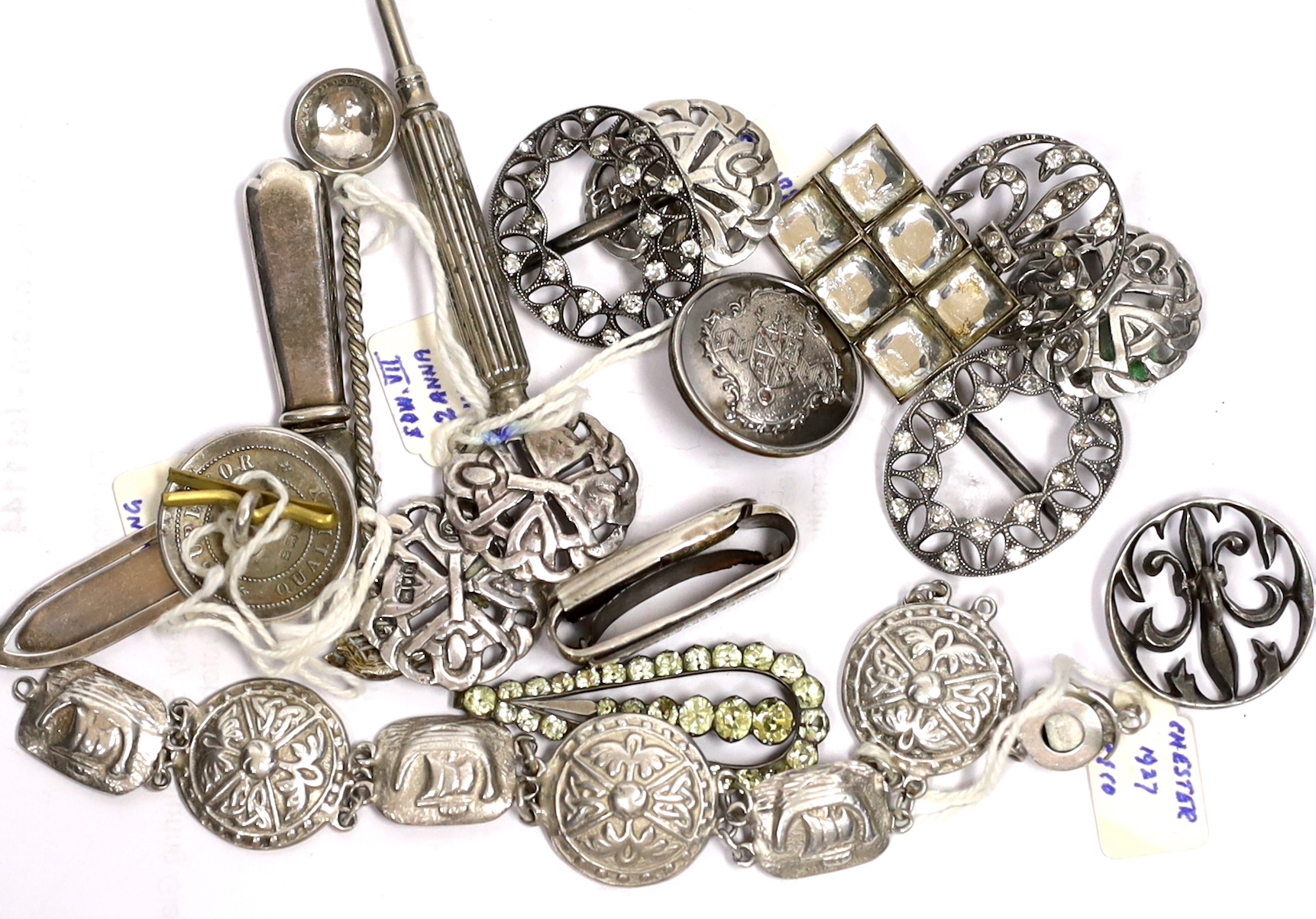 A pair of paste set 925 shoe buckles, 31mm, a George V silver bracelet, a set of four Edwardian silver buttons, two paste set white metal buttons, a Victorian silver patent clip, a Georgian silver candle sconce and eight